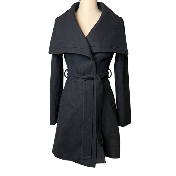 Anthropologie Love & Liberty Black Asymmetrical Belted Wrap Wool Coat Size 4 - Picture 1 of 10
